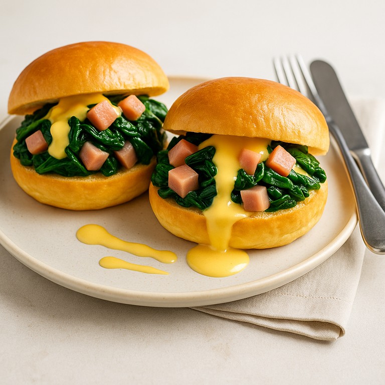 Deftiges Frühstücks-Sandwich mit Schinken, Spinat und flüssiger Sauce Béarnaise