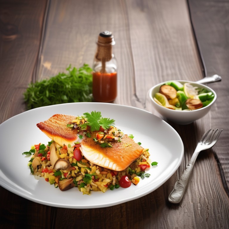 Paprika-Limetten-Fisch mit gebratenem Reis und Kartoffel-Pilz-Salat