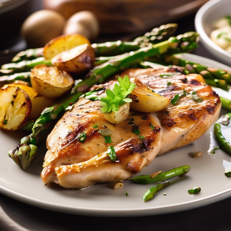 Grilled Chicken and Asparagus with Garlic Roasted Potatoes