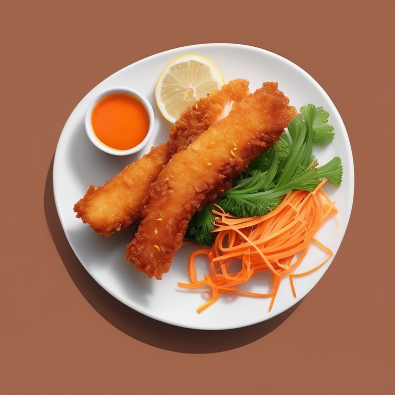 Knusprige Fischstäbchen mit Möhrennudeln
