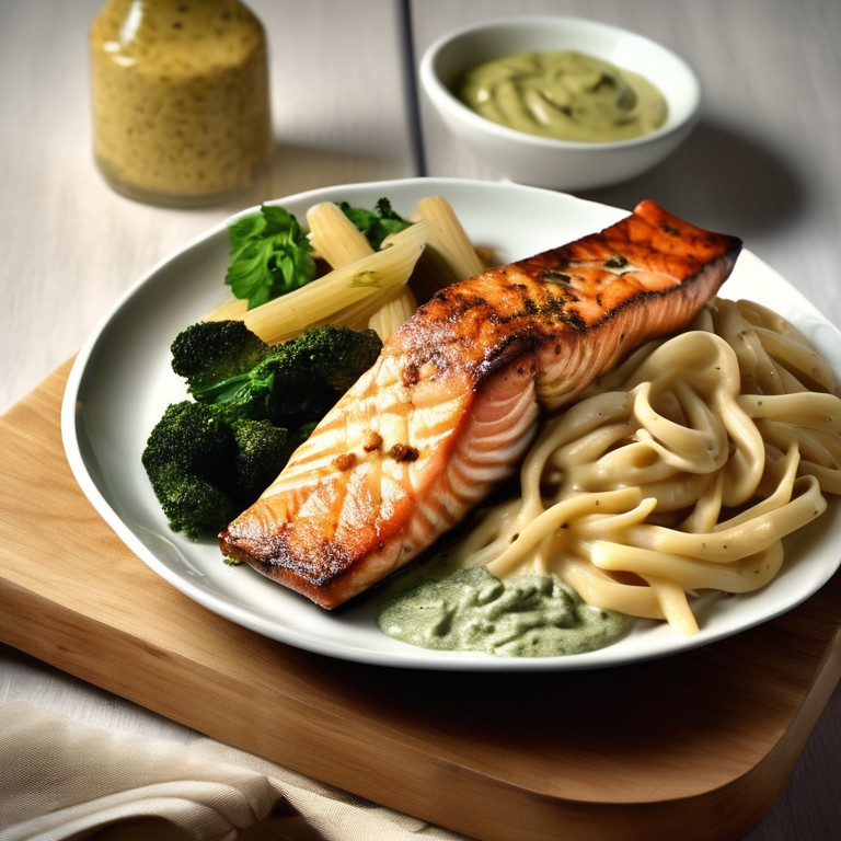 Grilled Salmon with Pesto Pasta and Fried Chicken with Cheese Dip