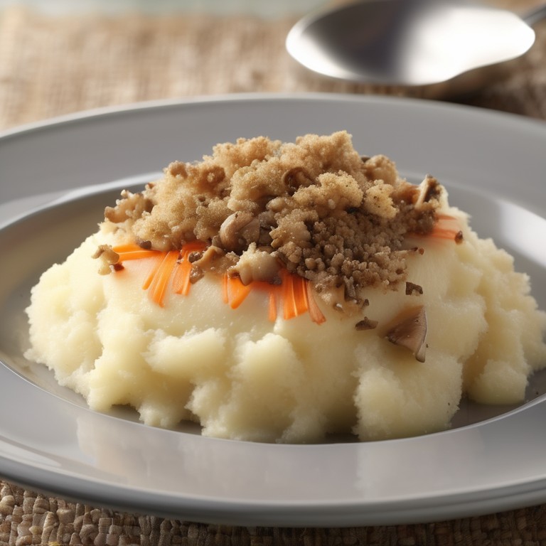 Purée de Pommes de Terre Saupoudrée de Chapelure avec Champignons Émincés, Carottes, et Oignons