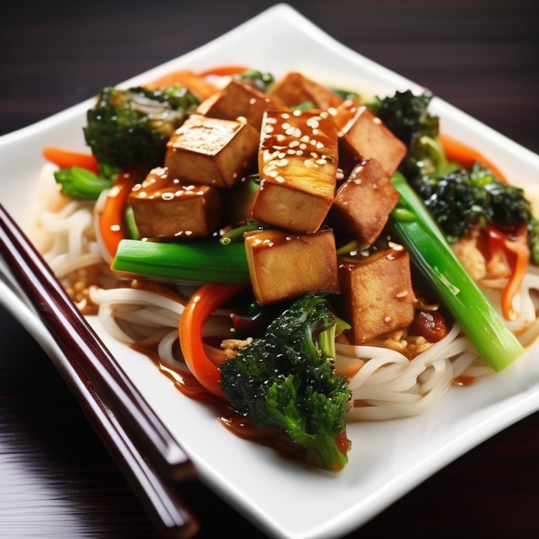 Asiatisches Tofu-Gemüse mit Reisnudeln