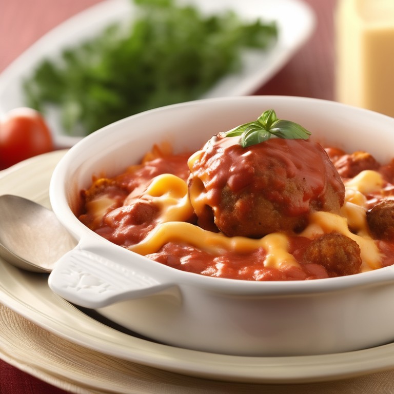 Baked Macaroni Casserole with Meatballs in Tomato and Cheese Sauce