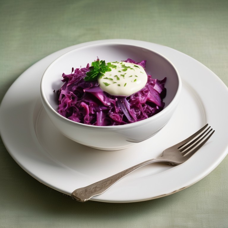 Rotkohl mit Rinderhackfleisch und Creme fraîche auf Reis