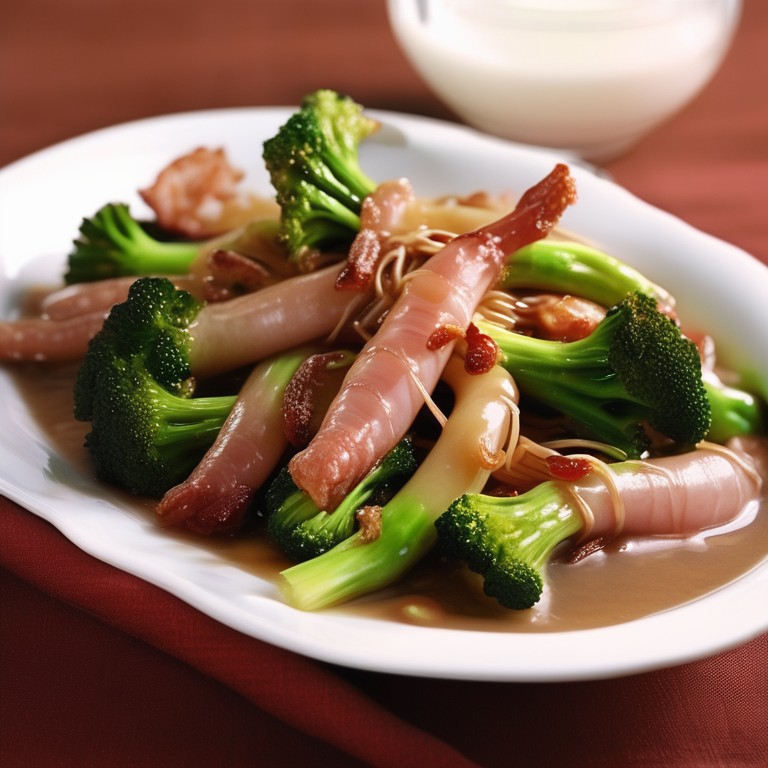 Nouilles Chinoises aux Lardons, Brocolis, Oignons et Sauce Soja Sucrée