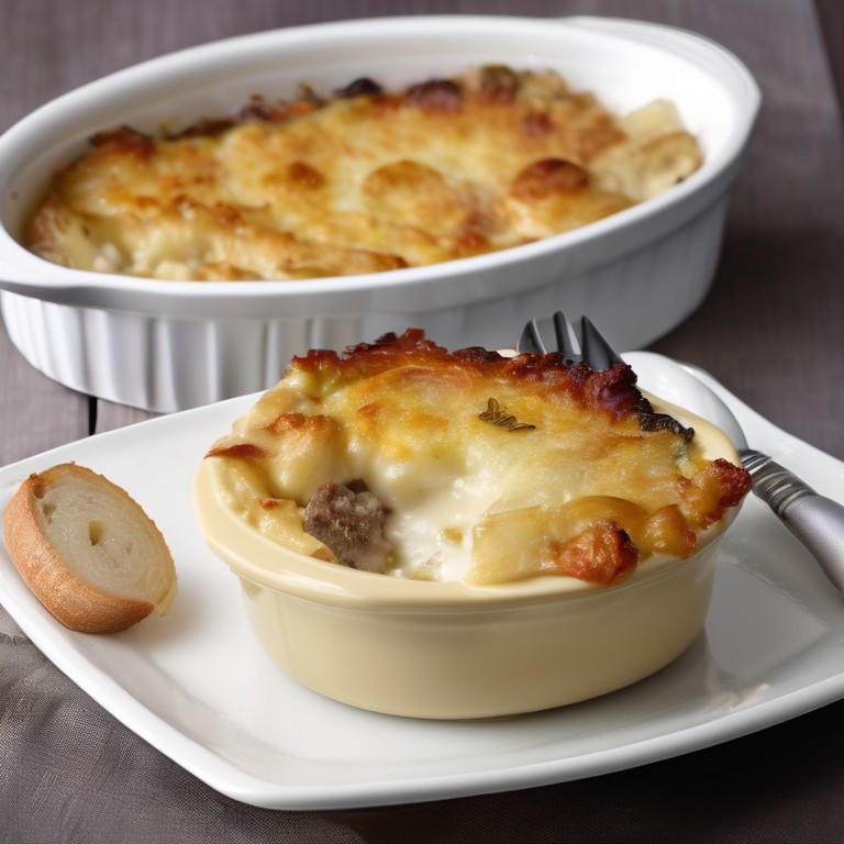 Gratin de pommes de terre au fromage à tartiner et boudin blanc