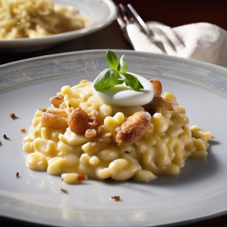 Kartoffeln und Rahm-Spätzle mit Zwiebel-Knoblauchsoße