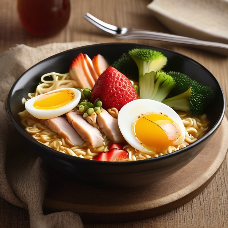 Cheesy Ramen Noodle Bowl with Strawberry Chicken and Soft-Boiled Egg