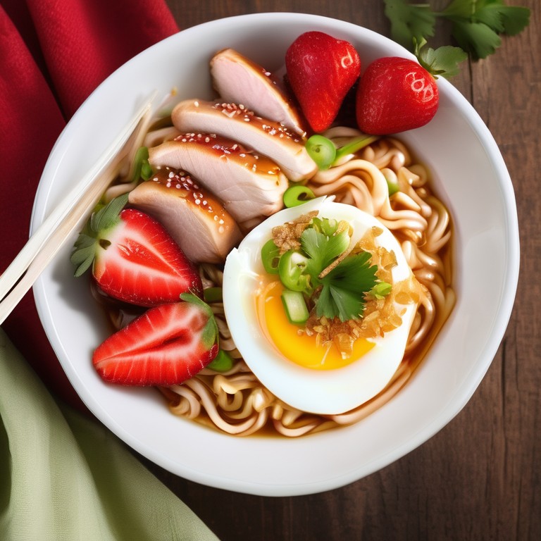 Cheesy Ramen Noodle Bowl with Strawberry Chicken and Soft-Boiled Egg