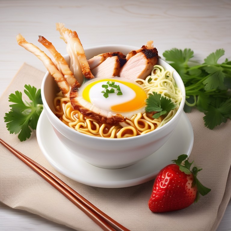 Cheesy Ramen Noodle Bowl with Grilled Chicken and Strawberry Egg Topping
