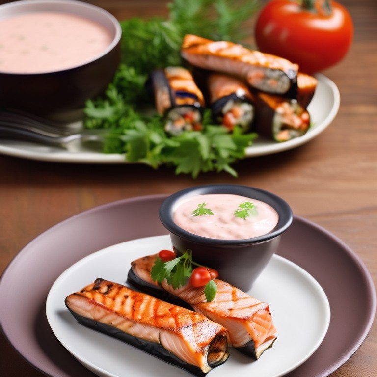 Gegrillte Lachs-Auberginen-Rollen mit Tomaten-Joghurt-Dip