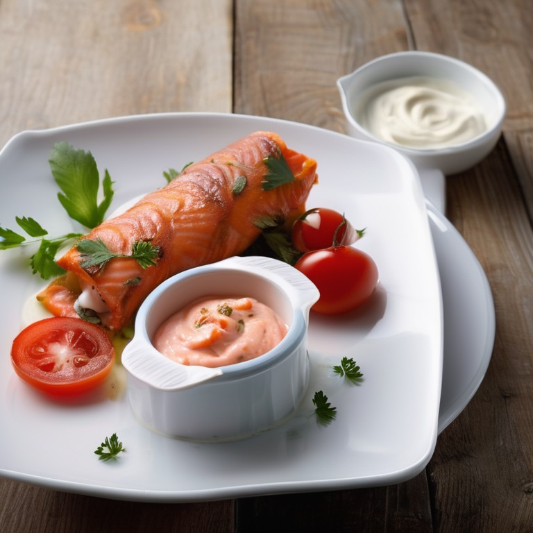 Gegrillte Lachs-Auberginen-Rollen mit Tomaten-Joghurt-Dip