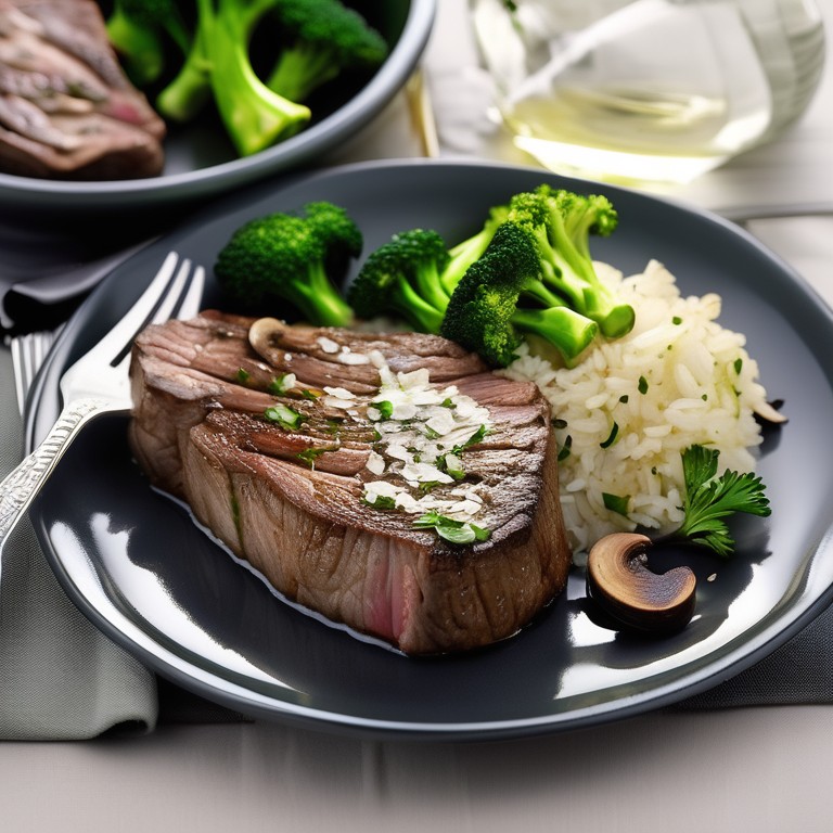 Garlic Butter Steak with Mushroom Rice and Broccoli