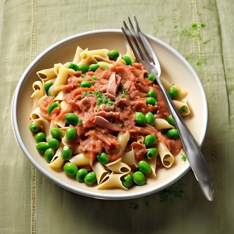 Nudeln mit Thunfisch, Erbsen und passierten Tomaten