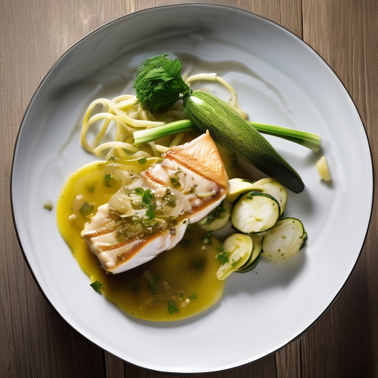 Gebratene Zucchini mit Fisch, Kartoffeln und Nudeln