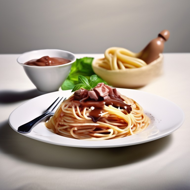 Schokolade-Spaghetti mit Käse-Speck-Ketchup-Sauce