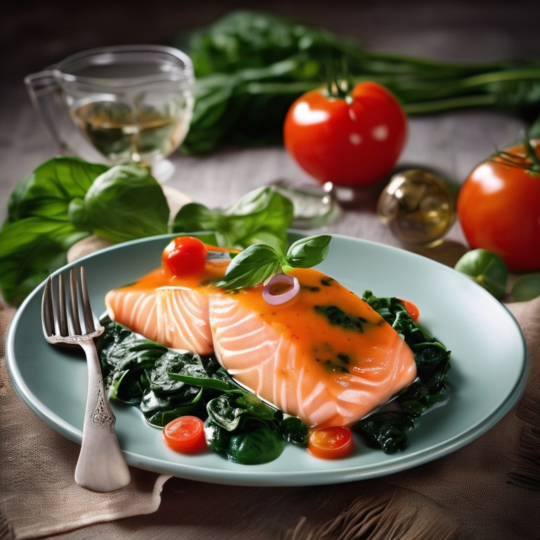 Lachs Spinat mit Tomaten-Sahne-Sauce und Kartoffelpüree