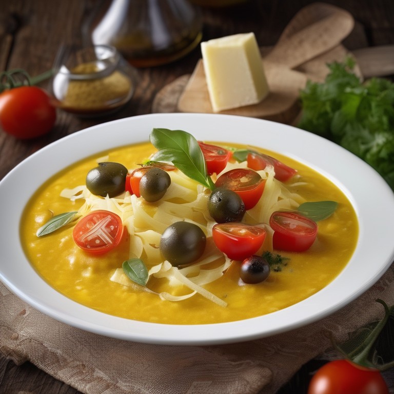 Tomaten-Parmesan-Oliven-Salat mit Curry-Petersilie-Dressing