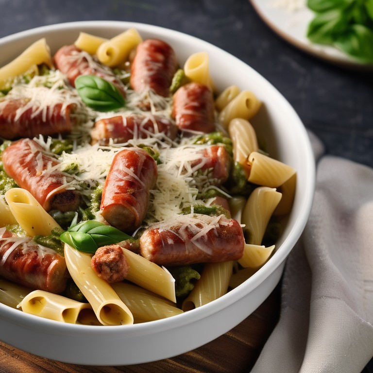Nudelauflauf mit Pesto und Bratwurst
