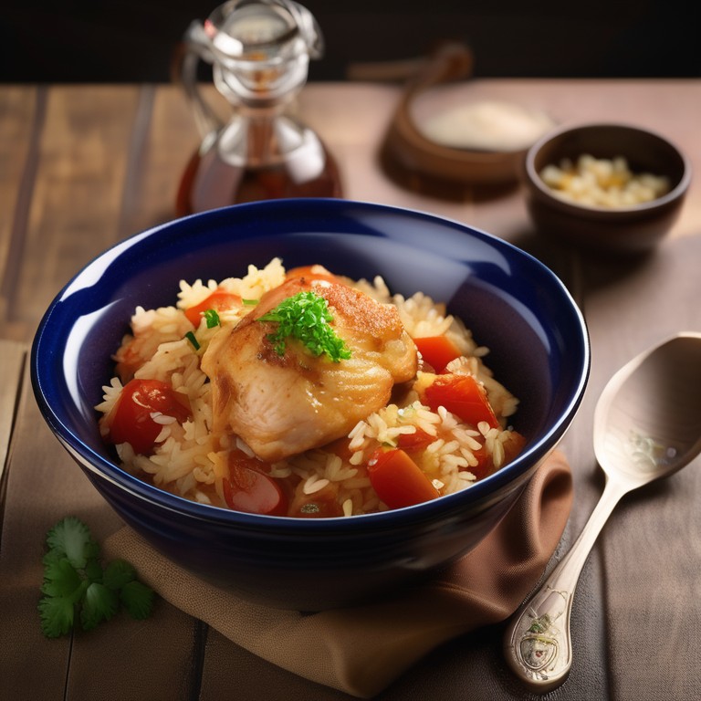 Poulet aux Oignons et Tomates avec Riz et Purée de Pommes de Terre