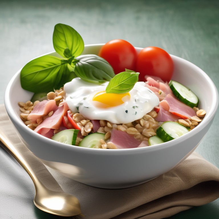 Petit-déjeuner rapide et faible en calories avec jambon, flocons d'avoine et yaourt plein gras