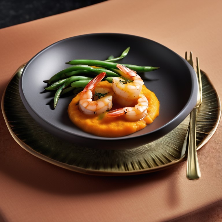 Crevettes avec purée de patate douce et de pommes de terre et avec des haricots