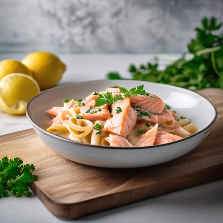 Nudeln mit Sahne, Käse und Lachs