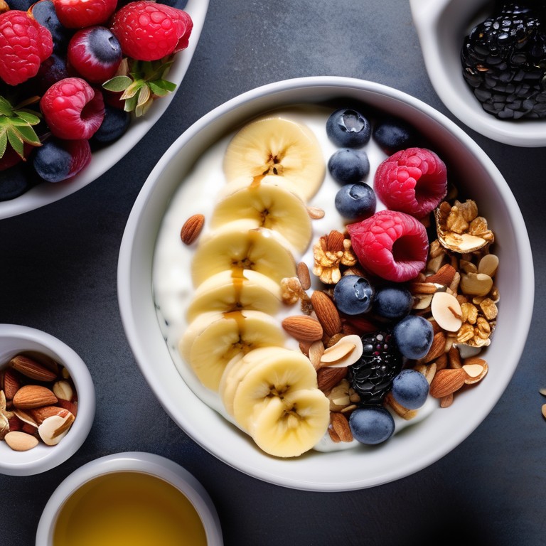 Joghurt Bowl mit Banane, Beeren, Granola und Mandeln