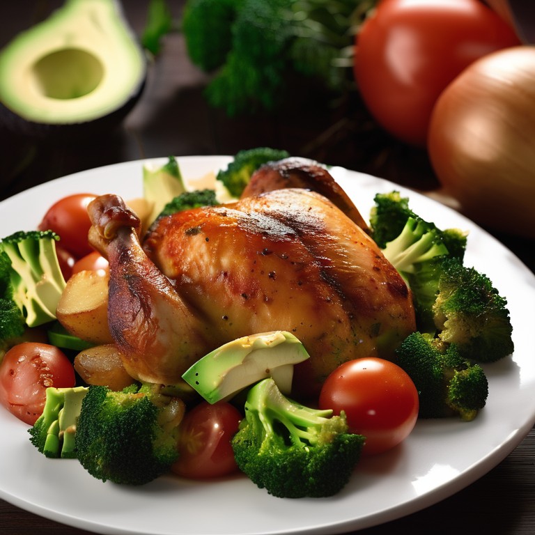 Chicken and Broccoli Skillet with Avocado and Roasted Vegetables