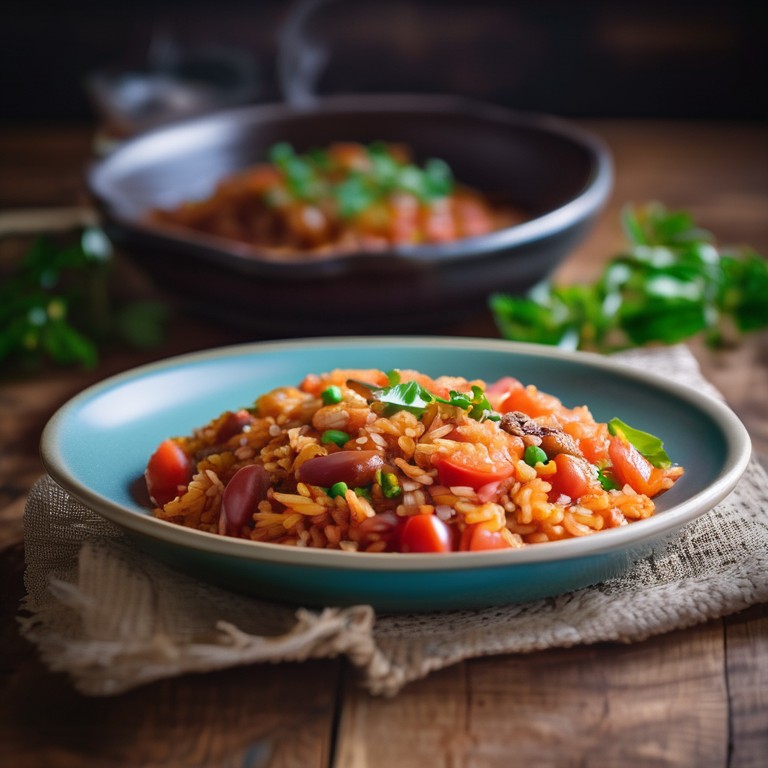 Arroz de Tomate com Feijão e Carne Refogada