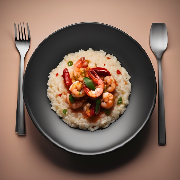 Crevettes Marinées Épicées avec Risotto et Sauce Espagnole