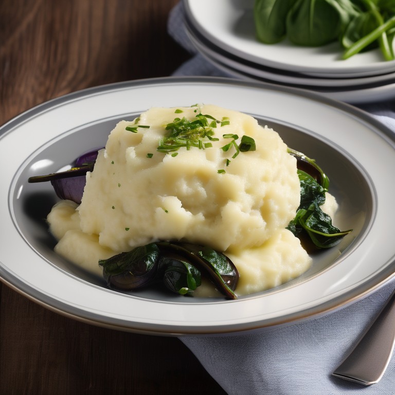 Gebratener Porree mit Auberginen-Spinat-Kartoffelstampf