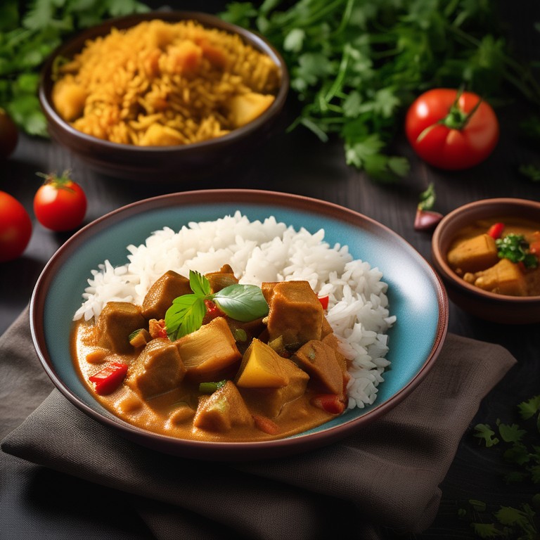 Soya Chunk and Potato Curry with Tomato Rice