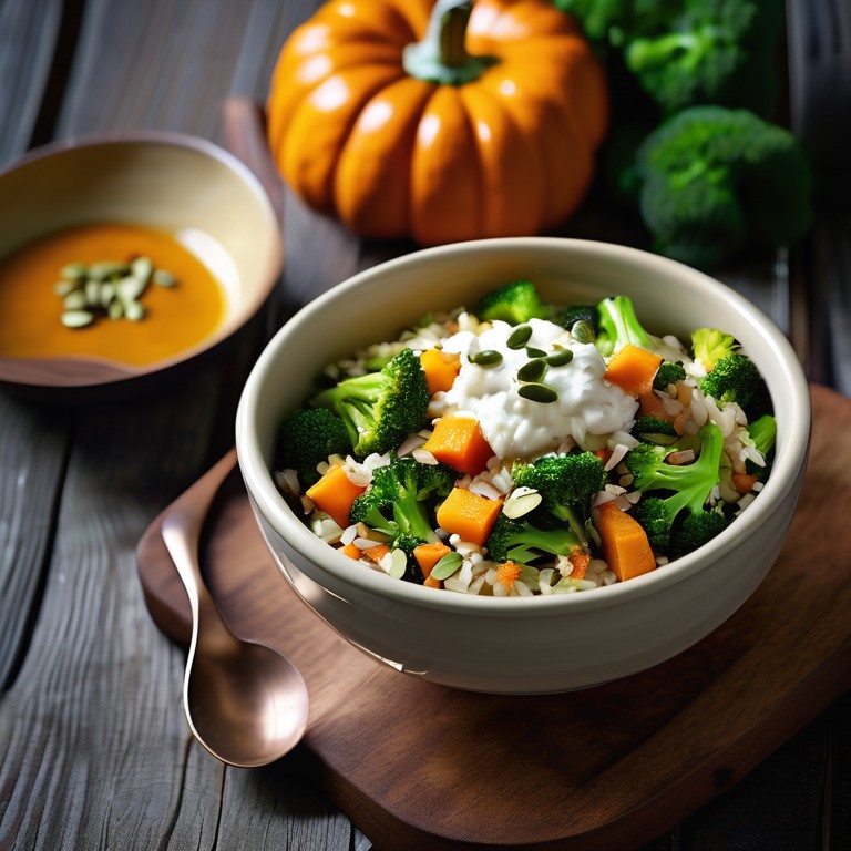 Roasted Pumpkin and Broccoli Rice Bowl with Cottage Cheese