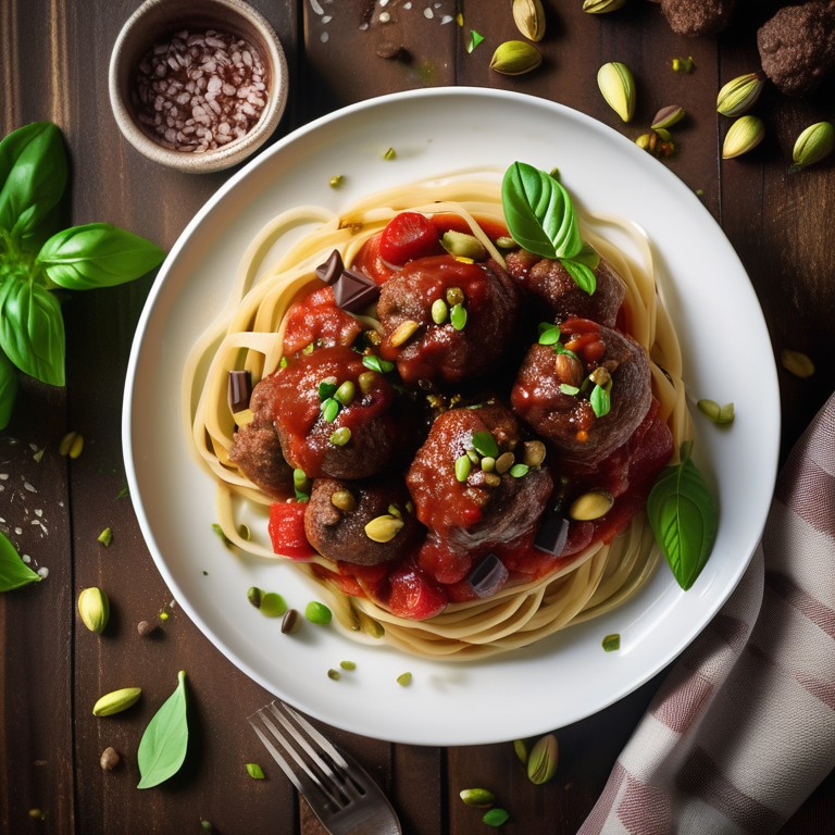 Pistachio & Strawberry Chocolate Meatballs over Spaghetti