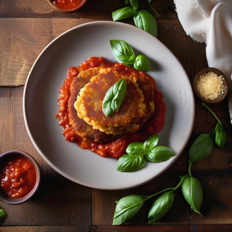 Barley Fritters with Spicy Tomato Sauce Served with Garlic Cream and Tomato Sauce