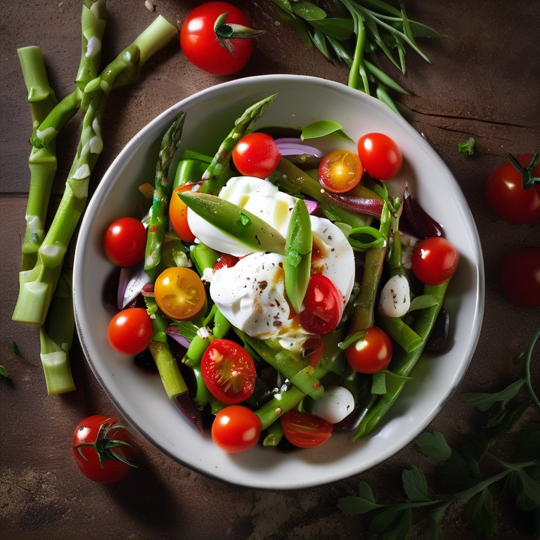 Salada de Espargos com Pimentos, Tomate Cereja e Burrata