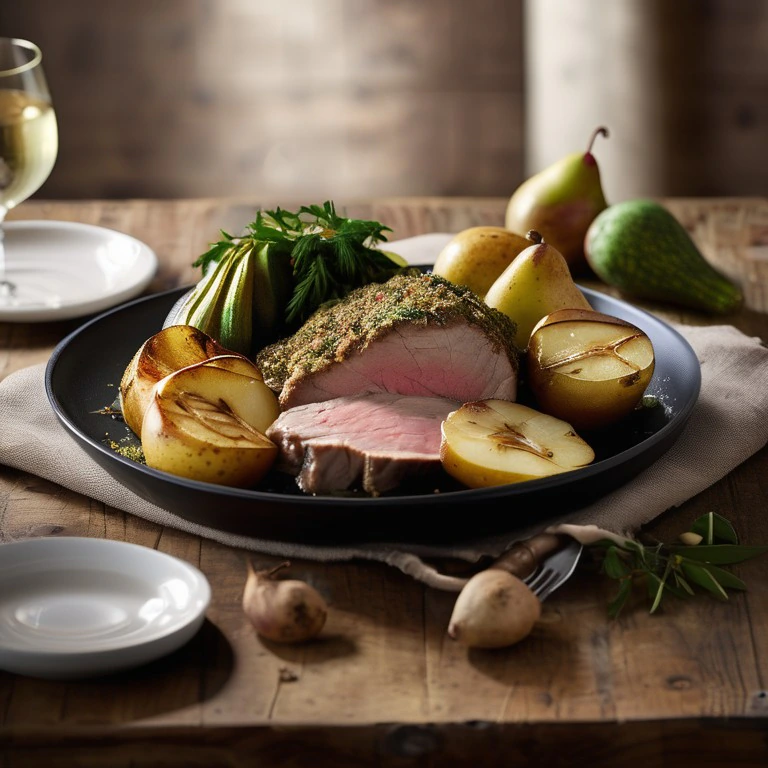 Rôti de veau et poire, accompagné de courgette et pomme de terre