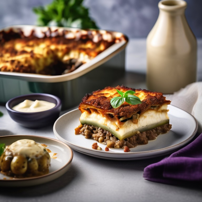 Greek Moussaka with Eggplant, Zucchini, Ground Meat, Potatoes, and Roasted Bell Pepper