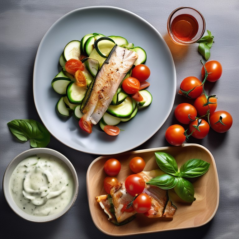 Zucchinisalat mit Schmand-Tomaten und gebratenem Fisch
