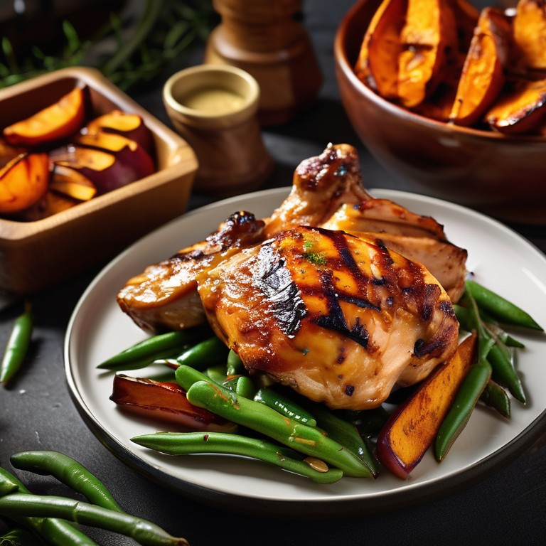 Honey Mustard BBQ Chicken with Roasted Sweet Potatoes and Green Beans