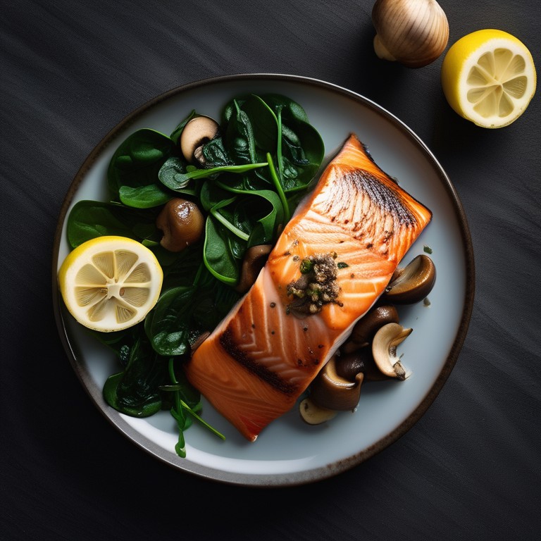 Lia´s Gebratener Lachs mit Blatt Spinat, Zwiebeln und Pilzen