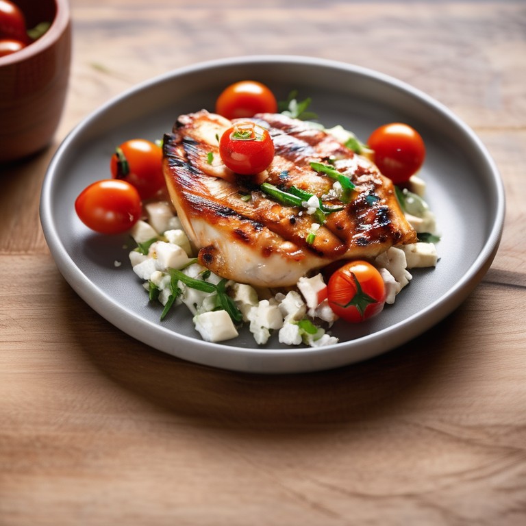 Gegrillte Knoblauch-Zwiebel-Hühnerbrust mit Kirschtomaten und Feta