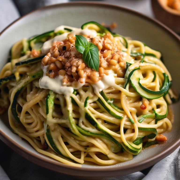 Gebackene Zucchininudeln mit Paprika-Feta-Sauce