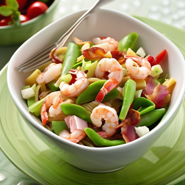 Salade de Crevettes avec Pâte, Piments, Pois Mangetout, Céleri, Jambon et Bacon