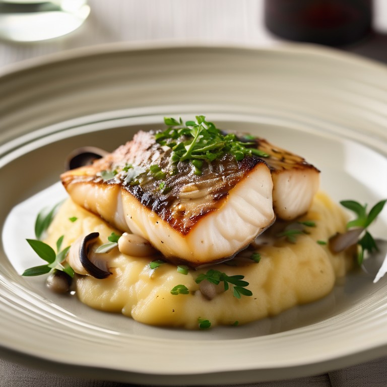 Gebratenes Kabeljaufilet mit Polenta und Pilz-Zwiebel-Sauce