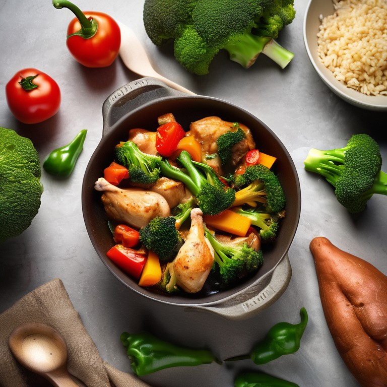 Gesunde Hähnchenpfanne mit Brokkoli, Paprika, Tomaten und Süßkartoffeln