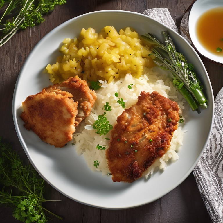 Knuspriges Hähnchenschnitzel mit Reis und Weißkohl