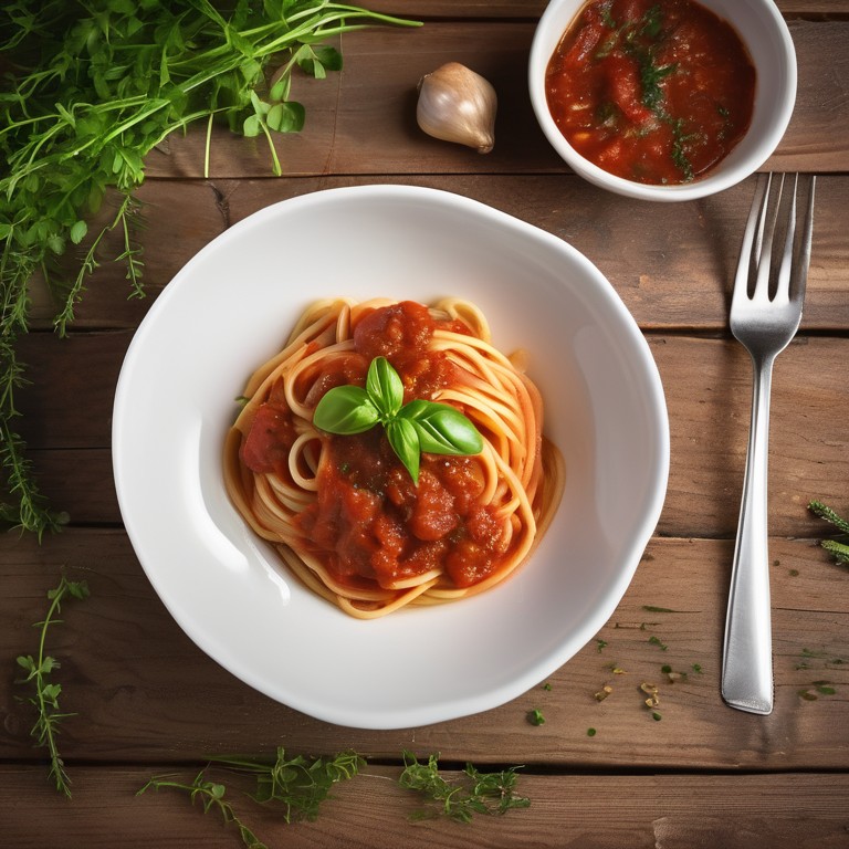 Tomato Spaghetti with Added Finely Chopped Old Bay Leaves in the Sauce